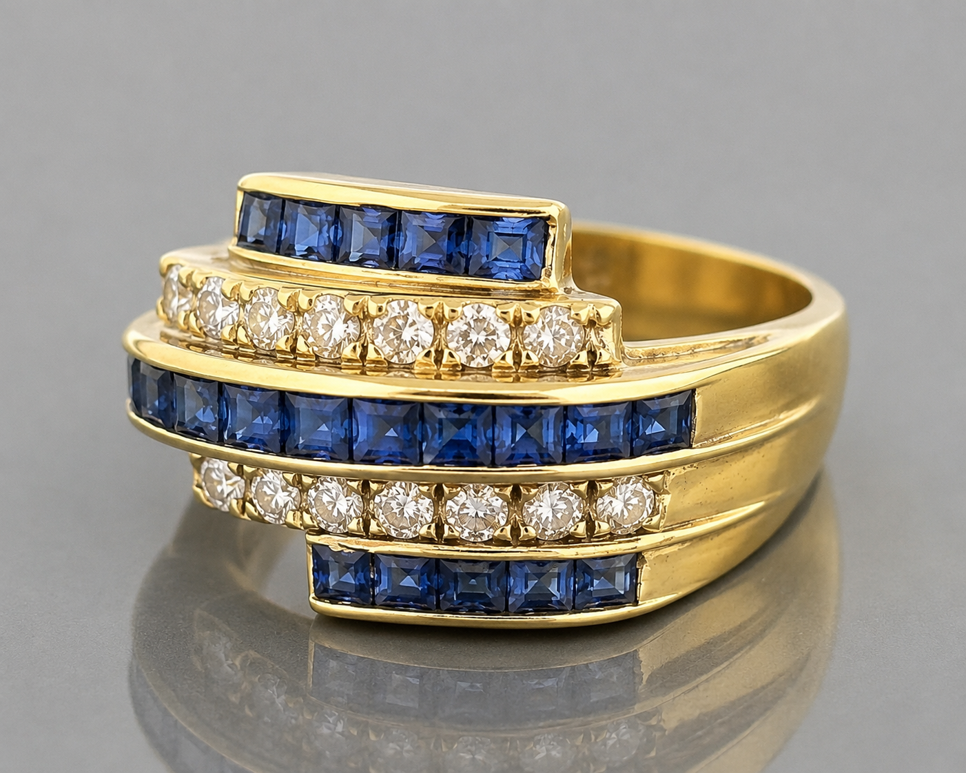 18ct Gold Sapphire Diamond Bypass Ring (Circa 1990)