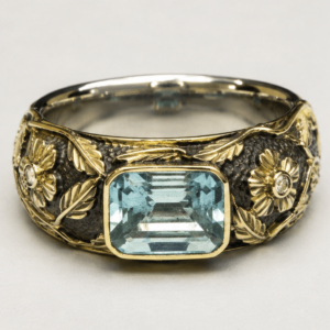 Unisex Aquamarine Diamond Floral Silver Ring